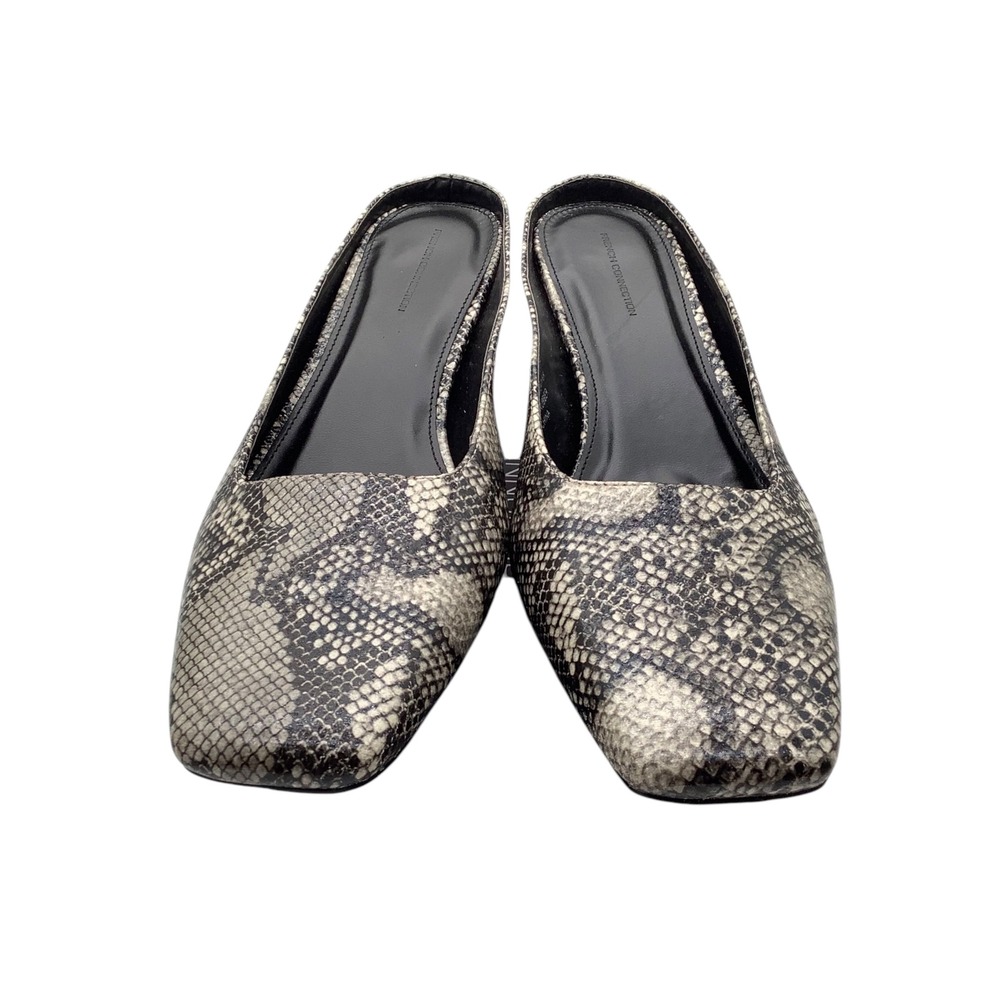 French Connection Aimee Snakeskin Print Kitten Heel Mules Square Toe Grey 10